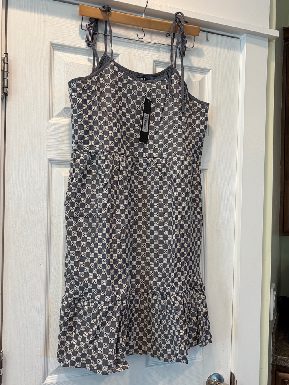 MikaRose Tie-Strap Leon in Denim Checkerboard Sundress - Blue & White